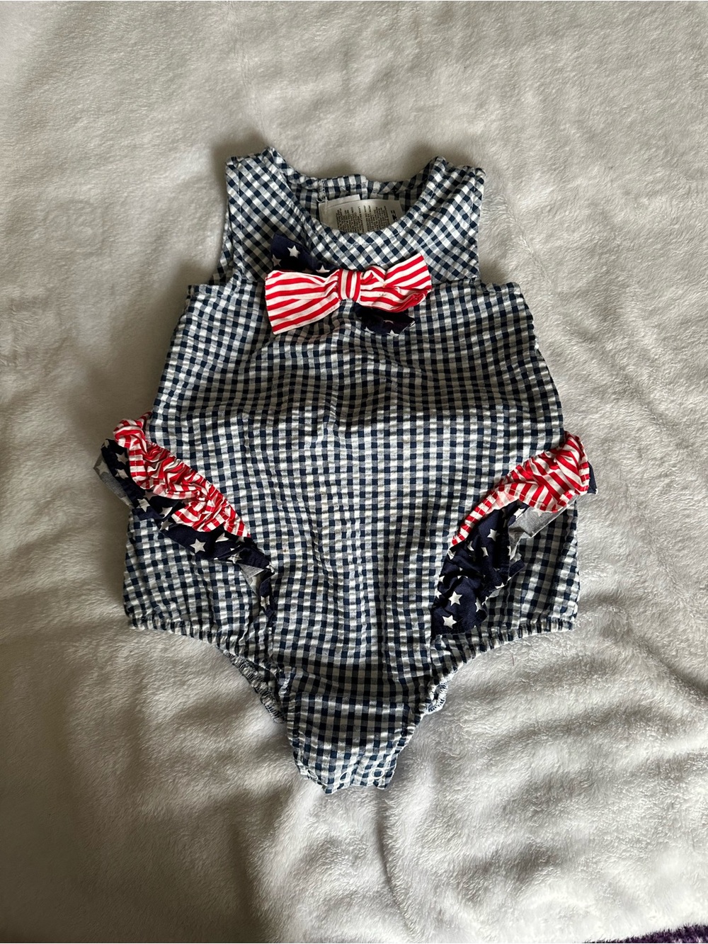 iris & ivy Navy Gingham One-Piece with Red Bow and Star Accents
